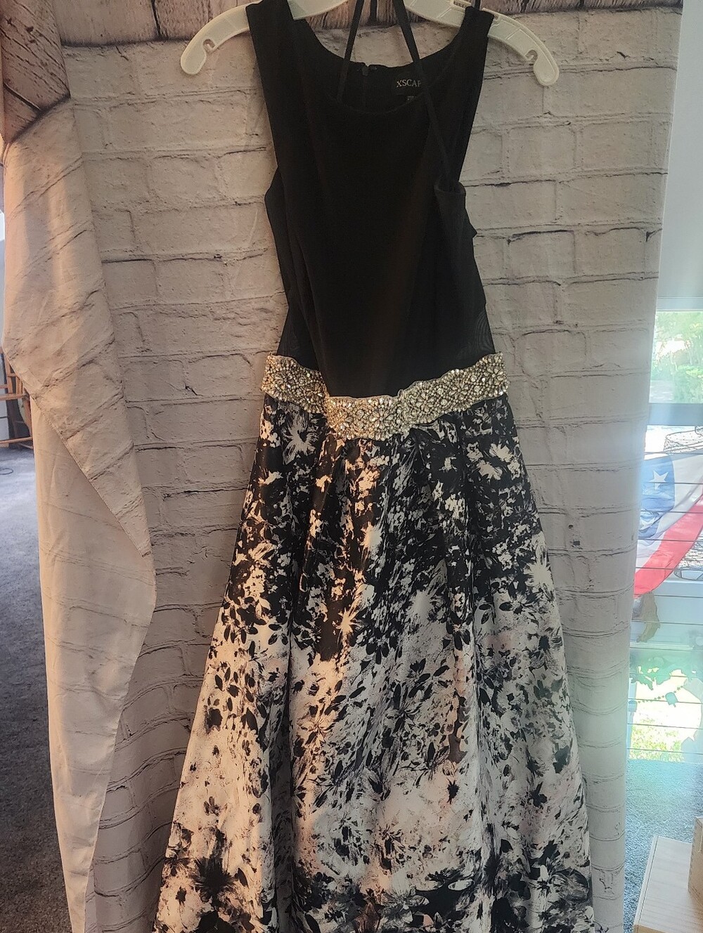 Xscape Black Bodice Black-and-White &  Subtle Pink Floral Gown with Beaded Waist